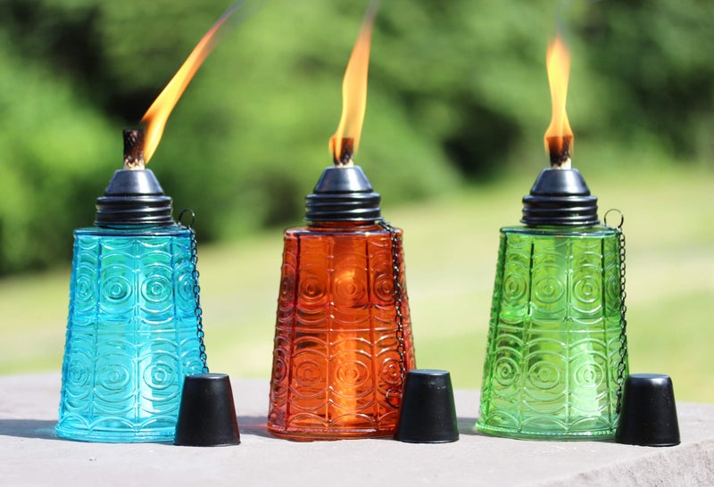 Seraphic Citronella Table Top Torches for Outdoor Patio, 16oz Decorative Glass Torch Citronella Candles for Outside Deck, Garden, Parties, Set of 3, Blue/Amber/Green - Image 1